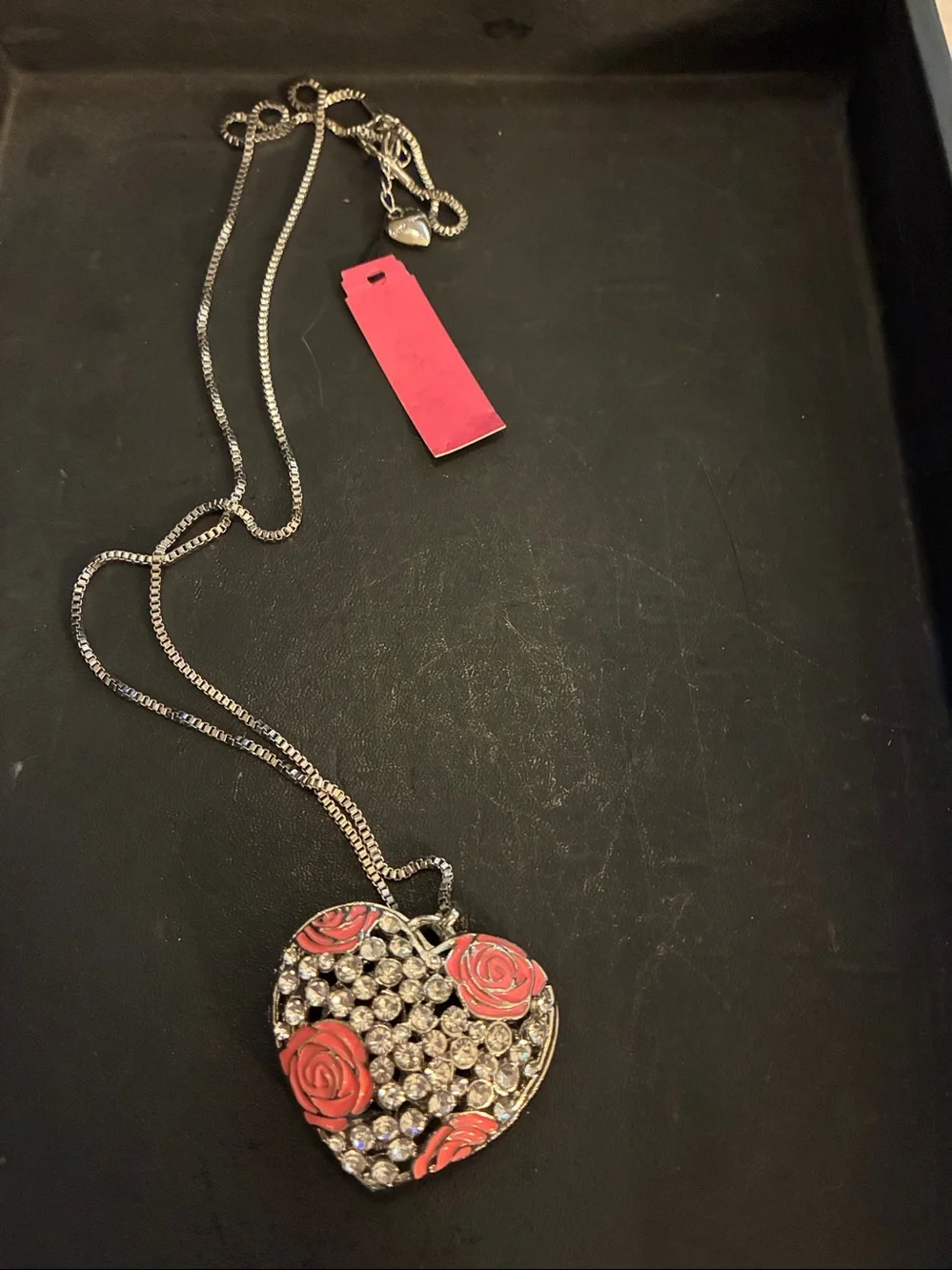 Coral Rose Crystal Heart Pendant Necklace